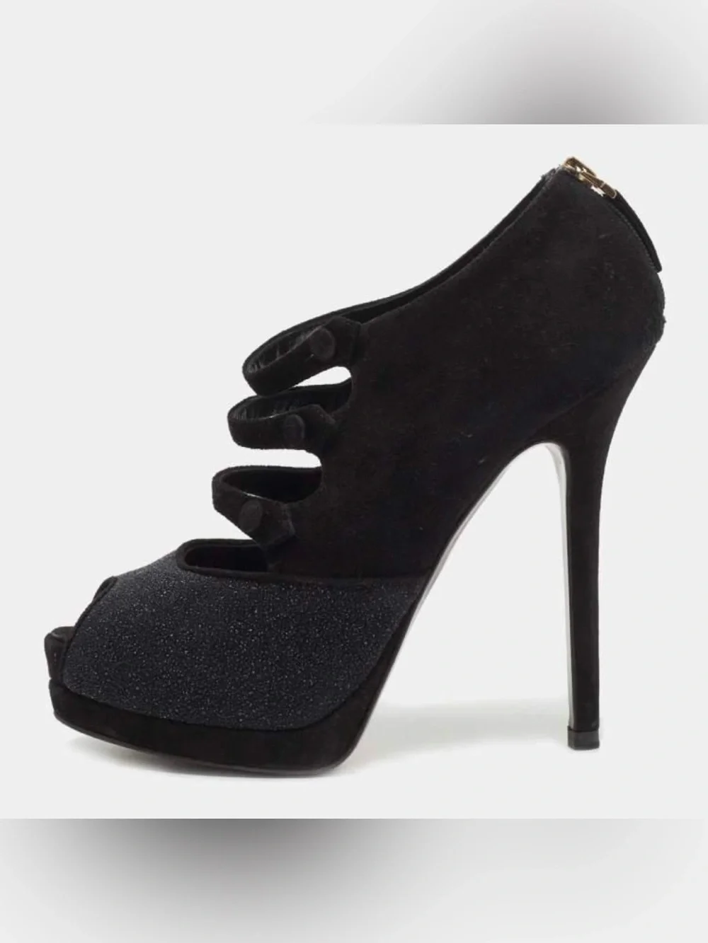 Fendi Black Suede Glitter Peep Toe Platform Booties EU 38.5